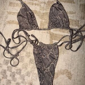 Frankie's Bikinis Snake Print Triangle Bikini Top & Bottom in Gray
